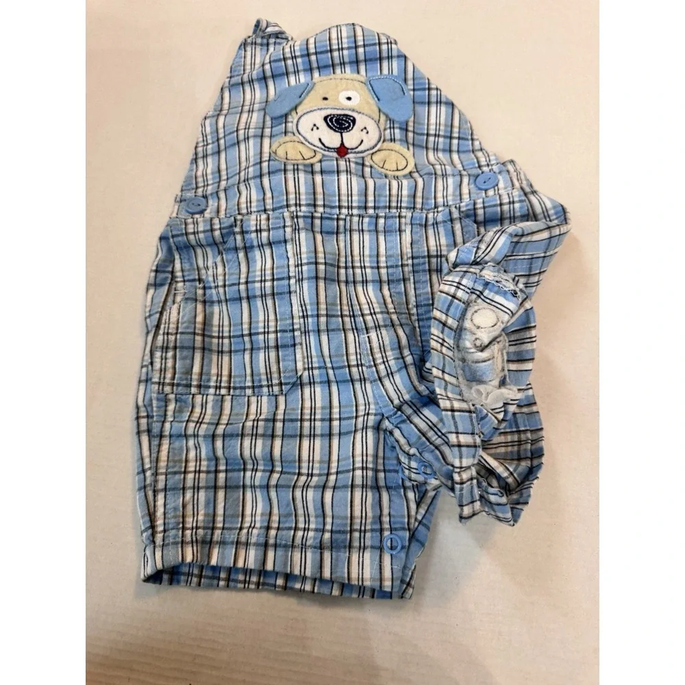 Vintage B.T. Kids Boys Plaid Blue Overalls Puppy Size 18‎ Months